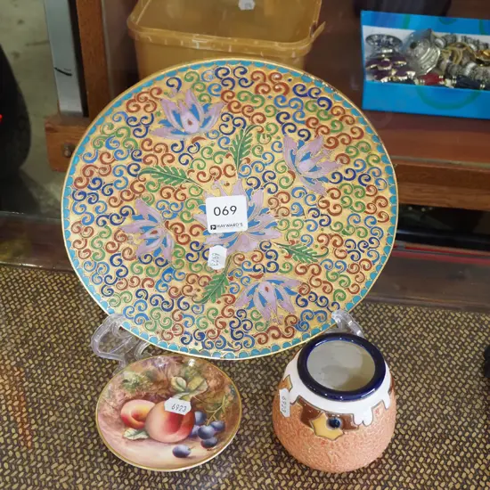 cast brass cloisonne style plate, signed Royal Worcester dish, small Amphora vase