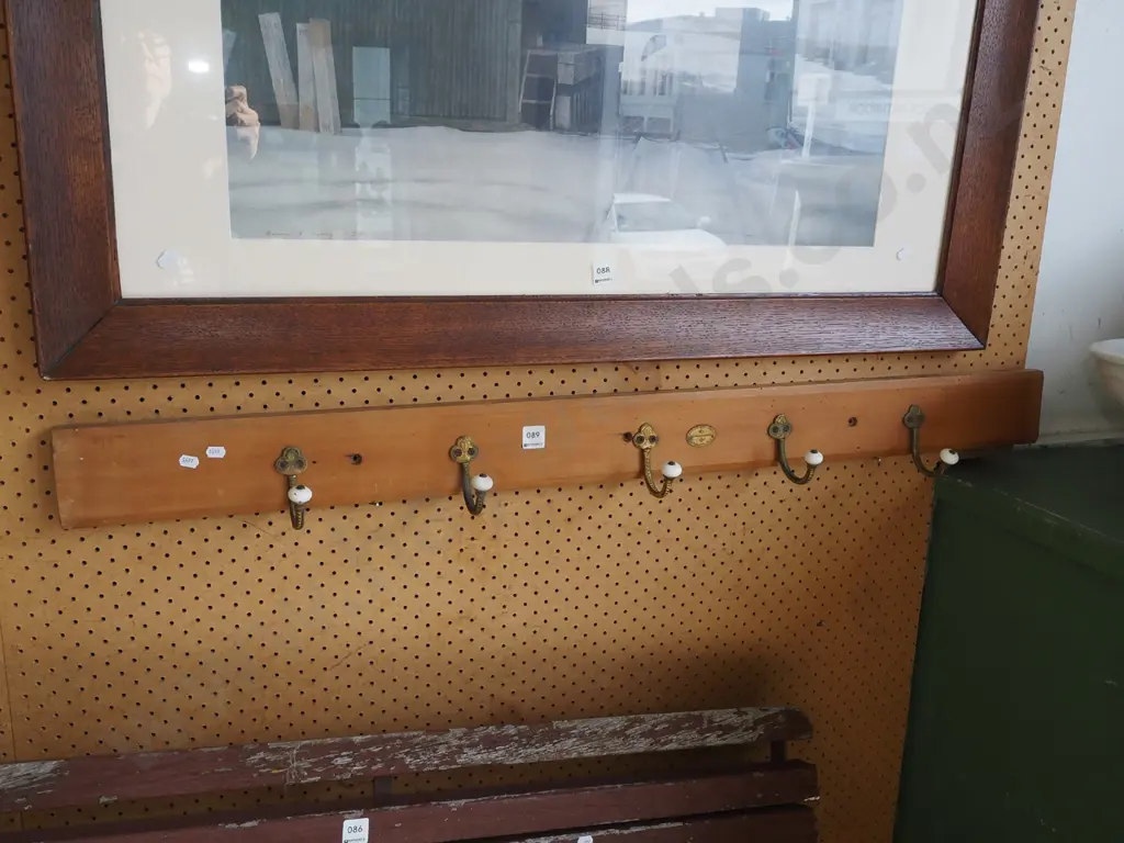 length of rimu, 5x Victorian brass and enamel coat hooks Image 1++