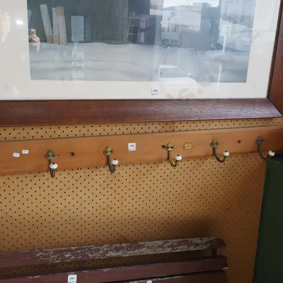 length of rimu, 5x Victorian brass and enamel coat hooks