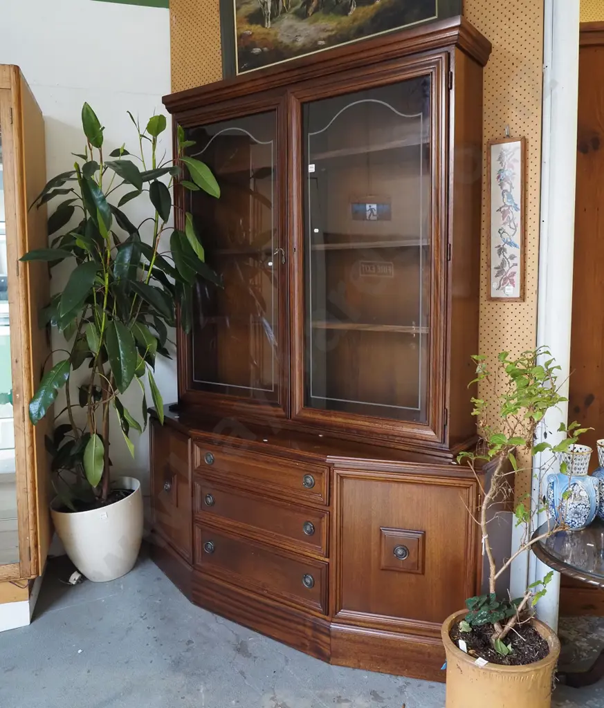 mahogany wall unit with 2 glazed doors over 4 drawers and 2 solid doors - handles need attention - key in office Image 1++