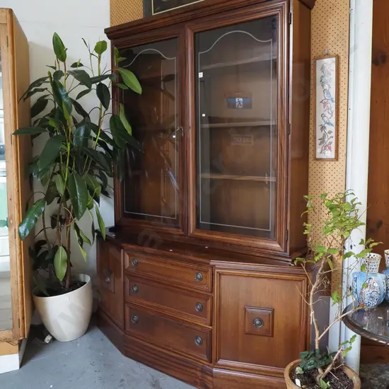 mahogany wall unit with 2 glazed doors over 4 drawers and 2 solid doors - handles need attention - key in office