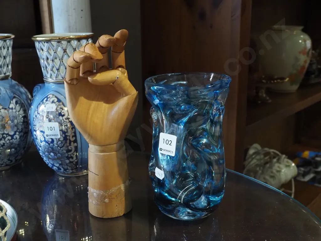 chunky art glass vase, artist's wooden articulated hand Vase H190 Image 1++