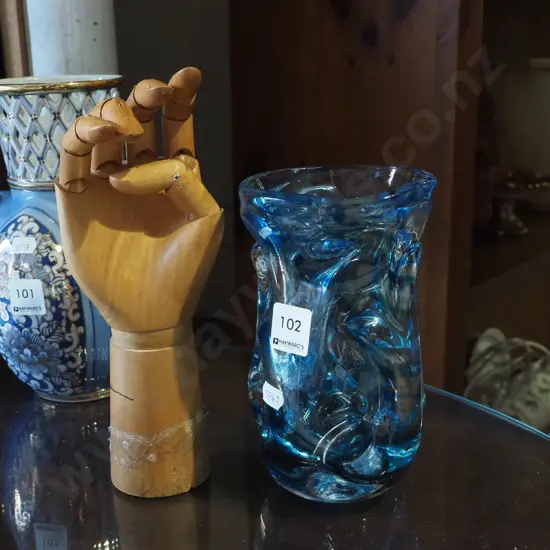 chunky art glass vase, artist's wooden articulated hand Vase H190