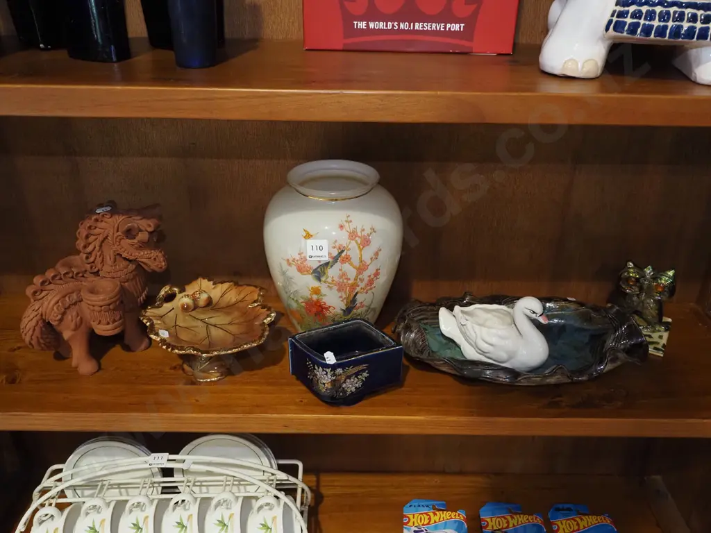 shelf; pottery donkey, comport, glass vase etc Image 1++