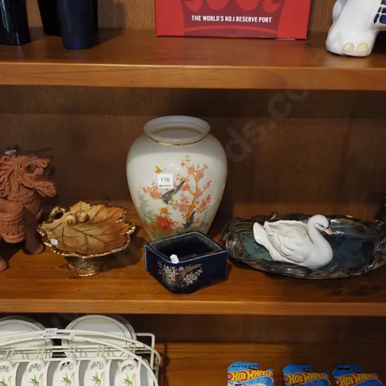 shelf; pottery donkey, comport, glass vase etc