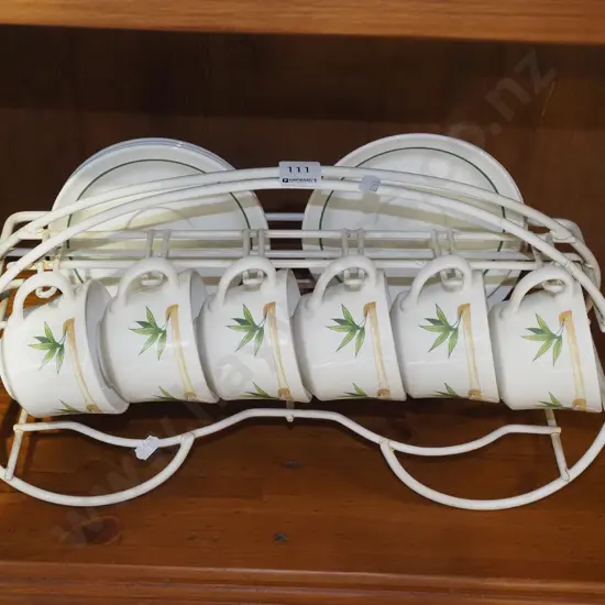 Crown Lynn bamboo cups, saucers, rack