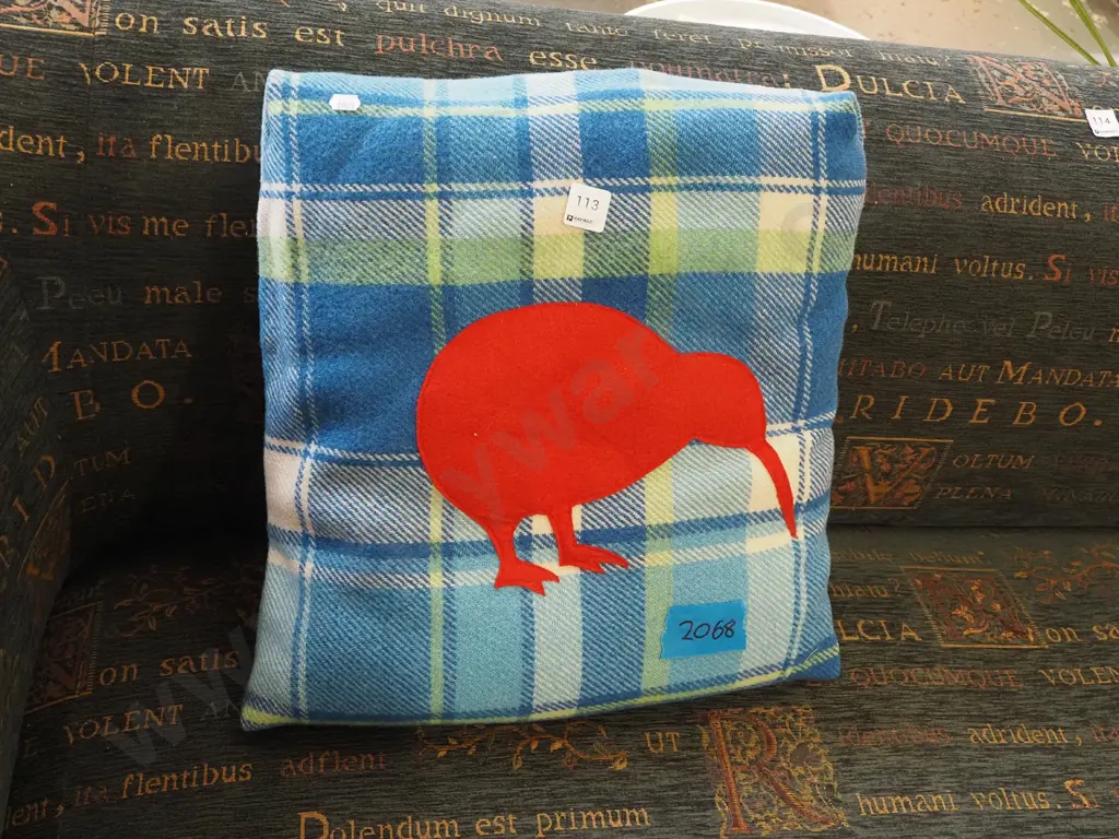 kiwi themed woollen blanket covered cushion Image 1++