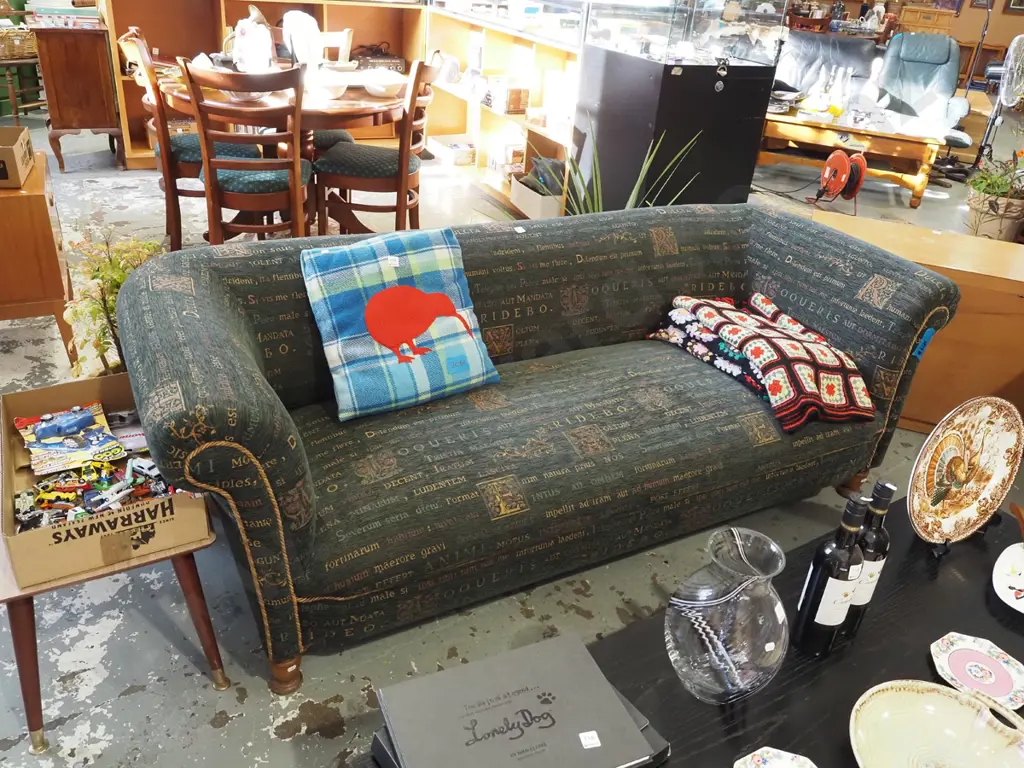 rolled arm chesterfield 3 seater settee with Latin phrases and floral upholstery Image 1++
