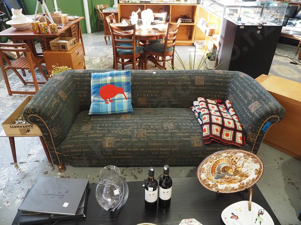 rolled arm chesterfield 3 seater settee with Latin phrases and floral upholstery Image 1++