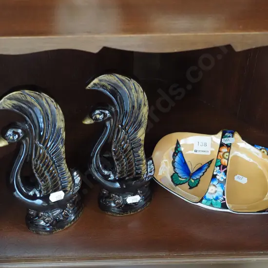 butterfly ceramic basket, 2 x swan figurines H210