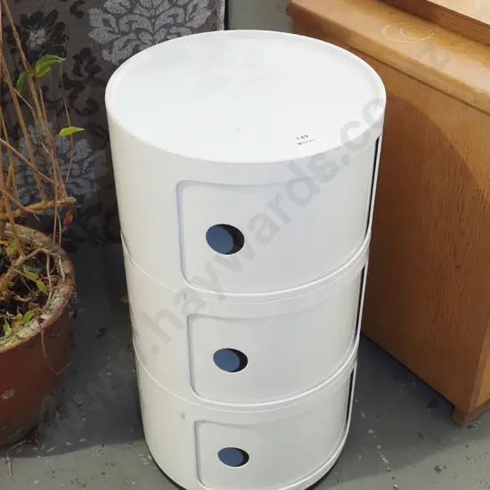 cylindrical white plastic bedside cabinet with sliding doors