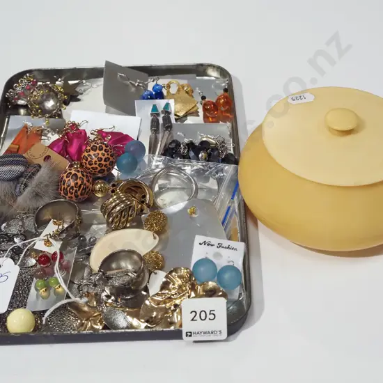 faux ivory trinket box and a tray of costume jewellery earrings
