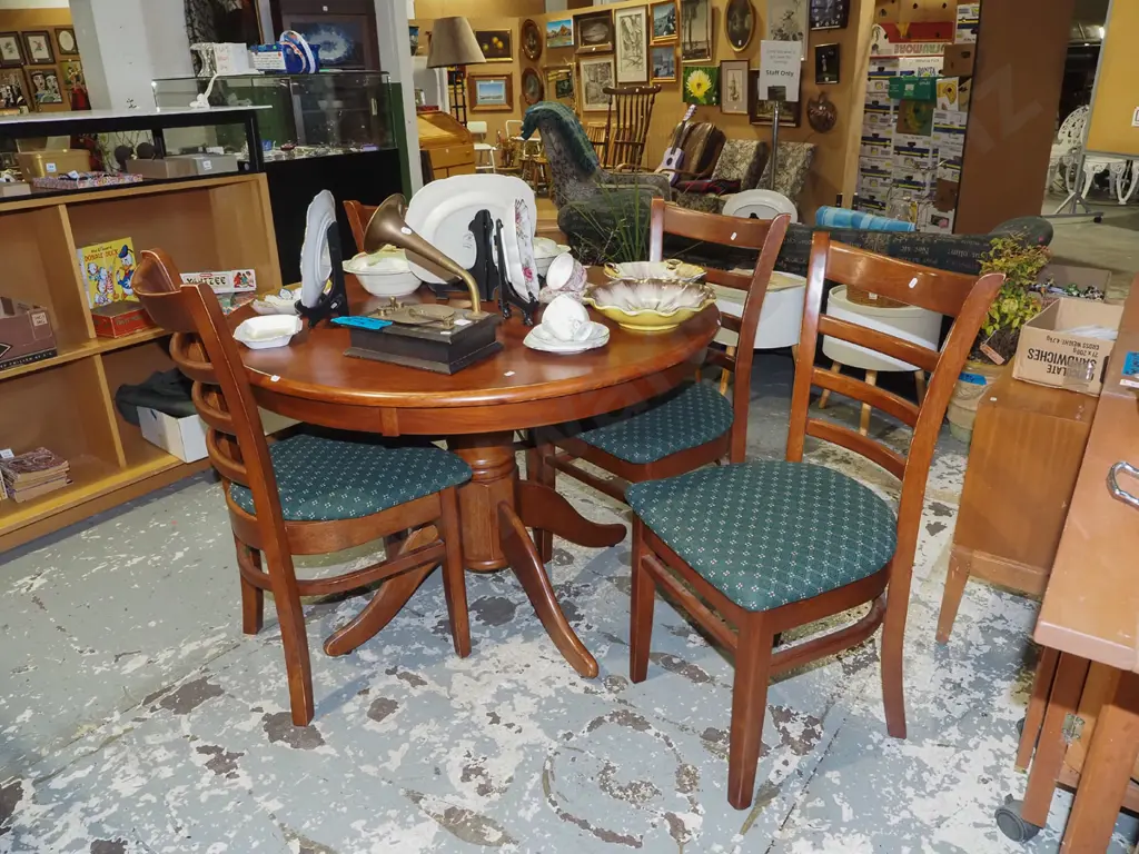 Indonesian hardwood circular pedestal dining table with 4 ladder back  upholstered chairs Image 1++