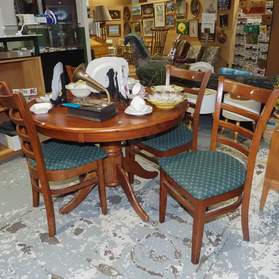 Indonesian hardwood circular pedestal dining table with 4 ladder back  upholstered chairs