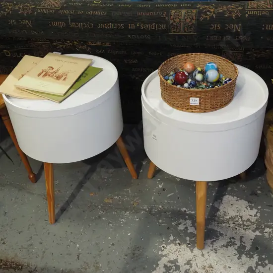 pair of white painted end tables with lift up top storage H490 