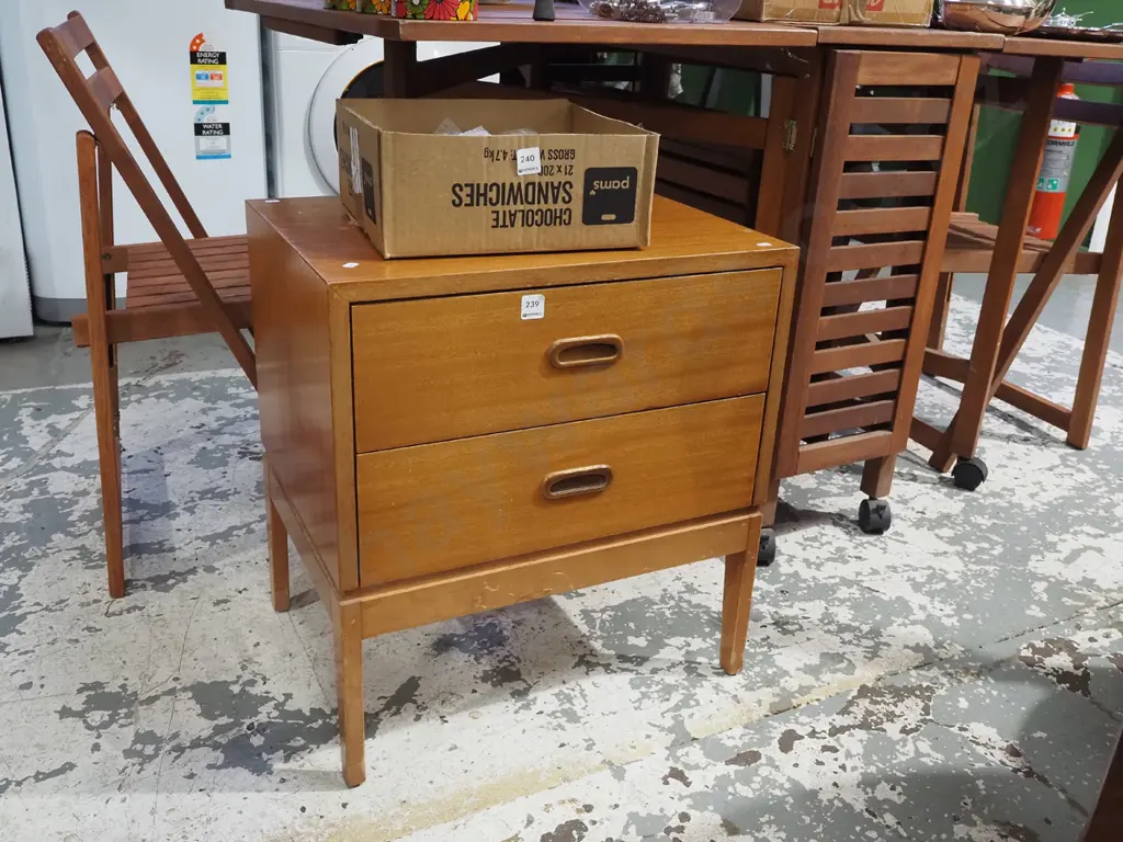 mid century 2 drawer bedside cabinet - varnish needs attention Image 1++