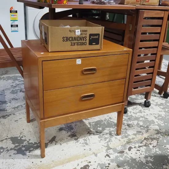 mid century 2 drawer bedside cabinet - varnish needs attention