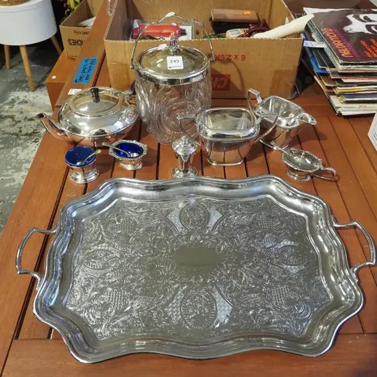 plated ware tray, ice bucket, teapot, open salts etc