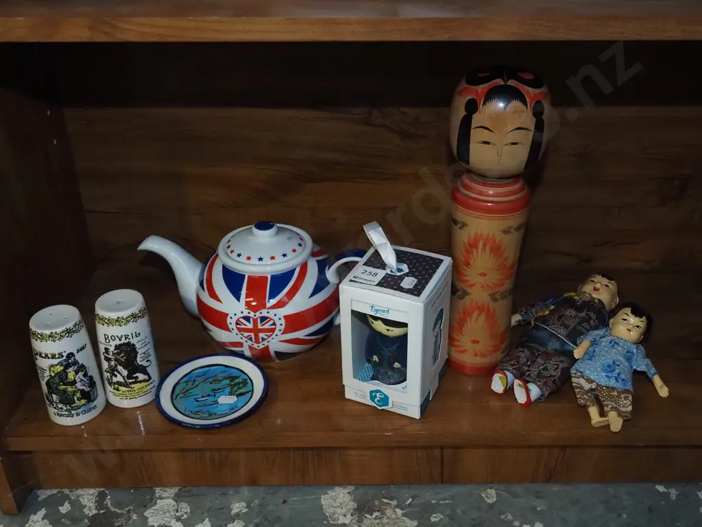 shelf; asian dolls, union jack tea pot, salt and pepper shakers - crack to one etc Image 1++