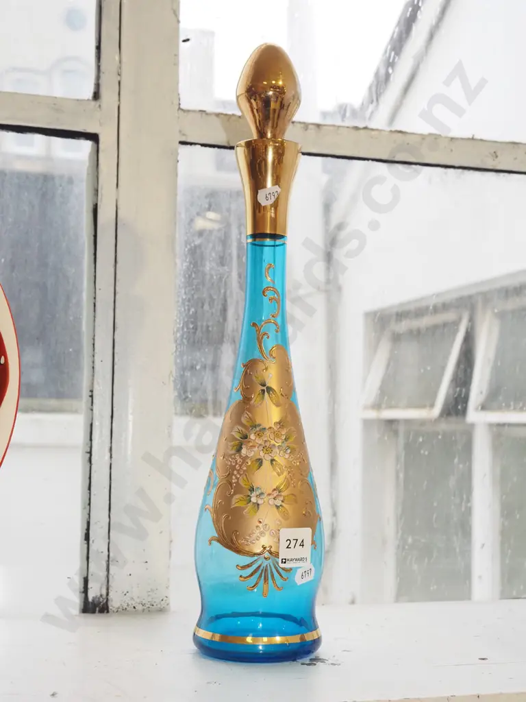 Italian blue glass and gilt stoppered bottle H410 Image 1++