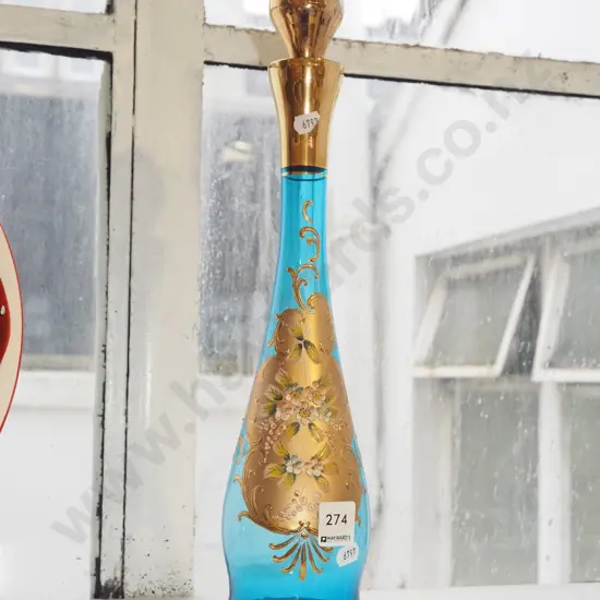 Italian blue glass and gilt stoppered bottle H410