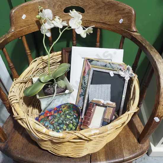 cane basket, faux orchids, marbles etc