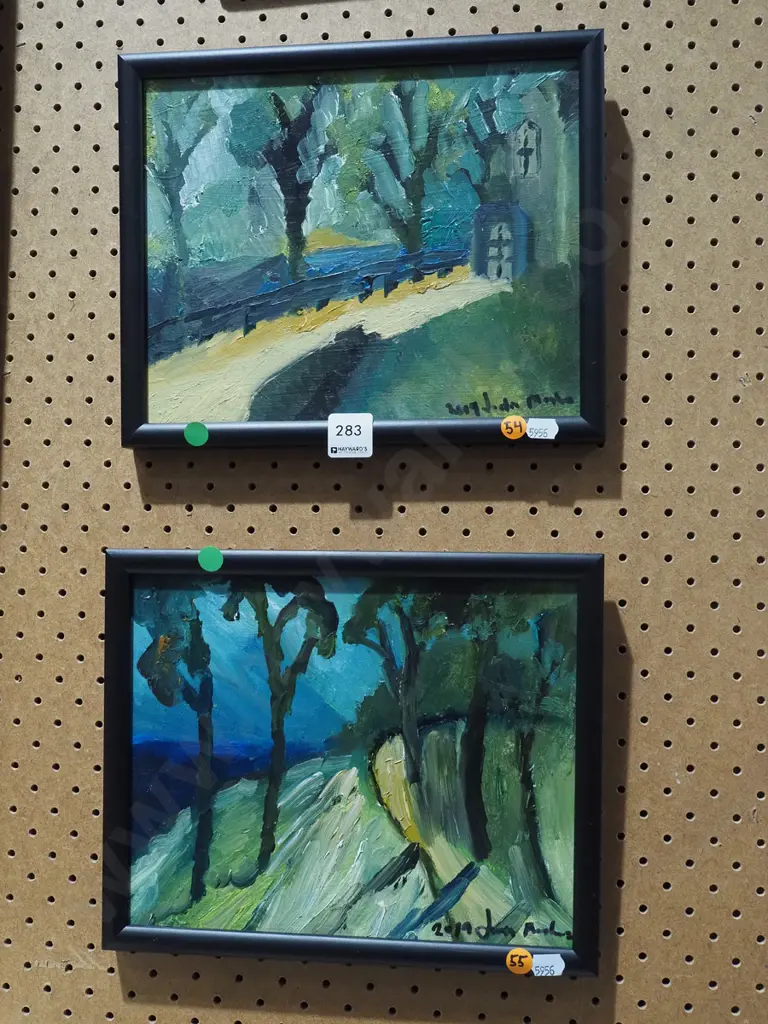 2x Justin Morshuis small framed oil landscapes - green dots Image 1++