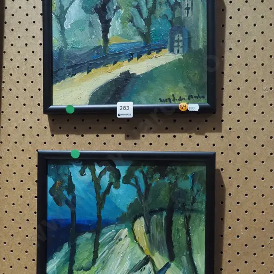 2x Justin Morshuis small framed oil landscapes - green dots