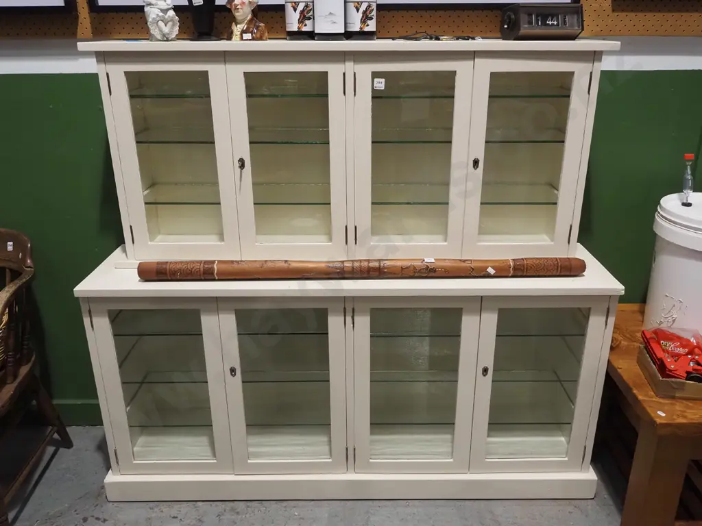 cream-painted 8-door chemist's cabinet with glass shelves - top section separate from base. Overall H1180 W1400 D330 Image 1++