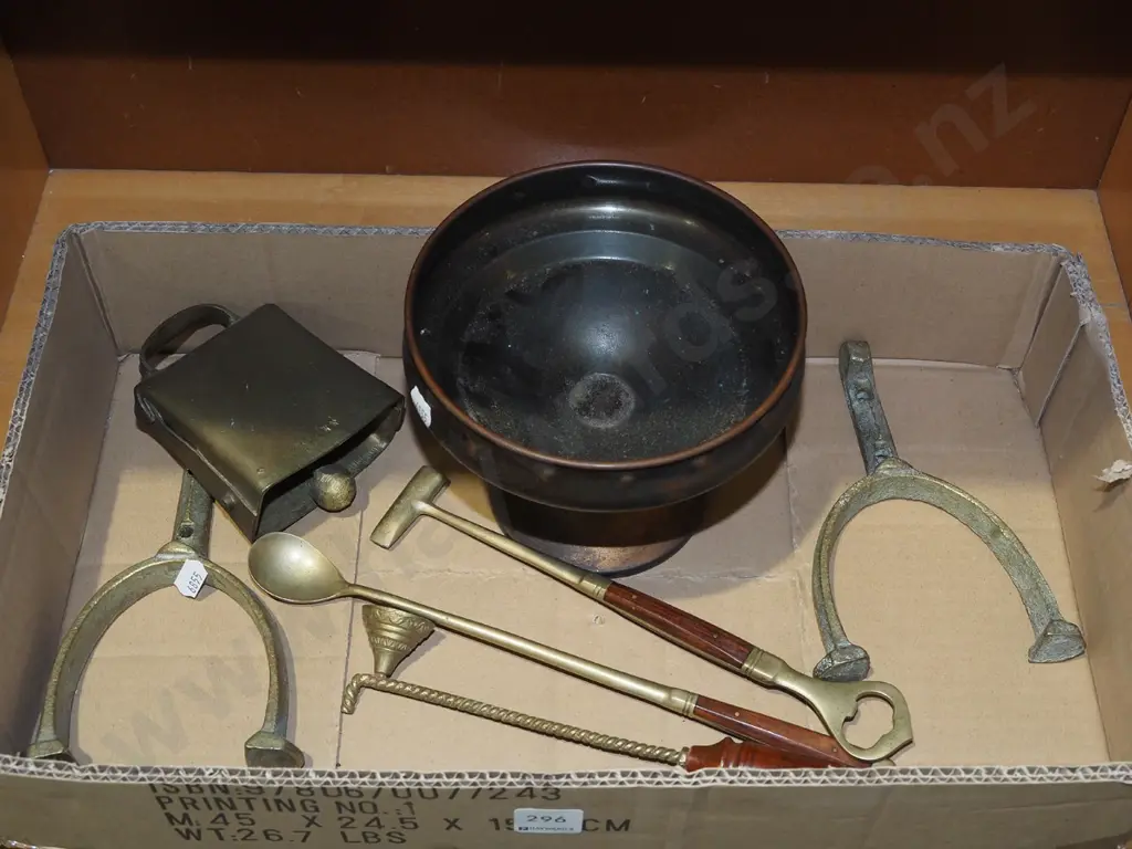 box; brass comport, rollicks, candle snuffer etc Image 1++