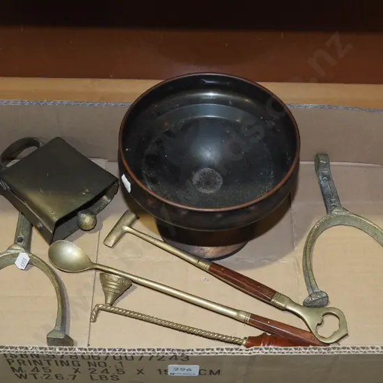 box; brass comport, rollicks, candle snuffer etc