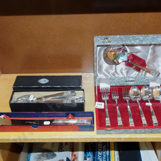 cased cutlery, bread knife, as new plated forks