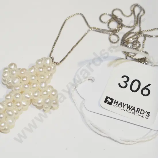 simulated pearl cross on sterling silver box chain