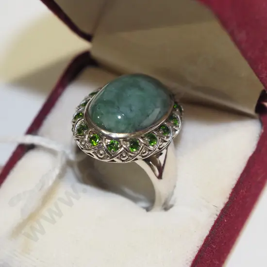 large  jade & green tourmaline sterling silver ring