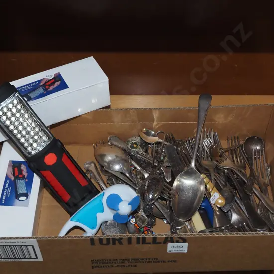 box; hand held torchs, fan, cutlery