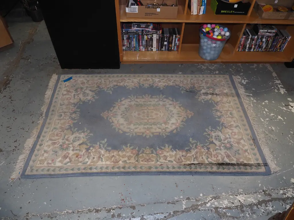 acrylic woven floor mat - blues, cream, pink - some marks and staining L1760 W1070 Image 1++