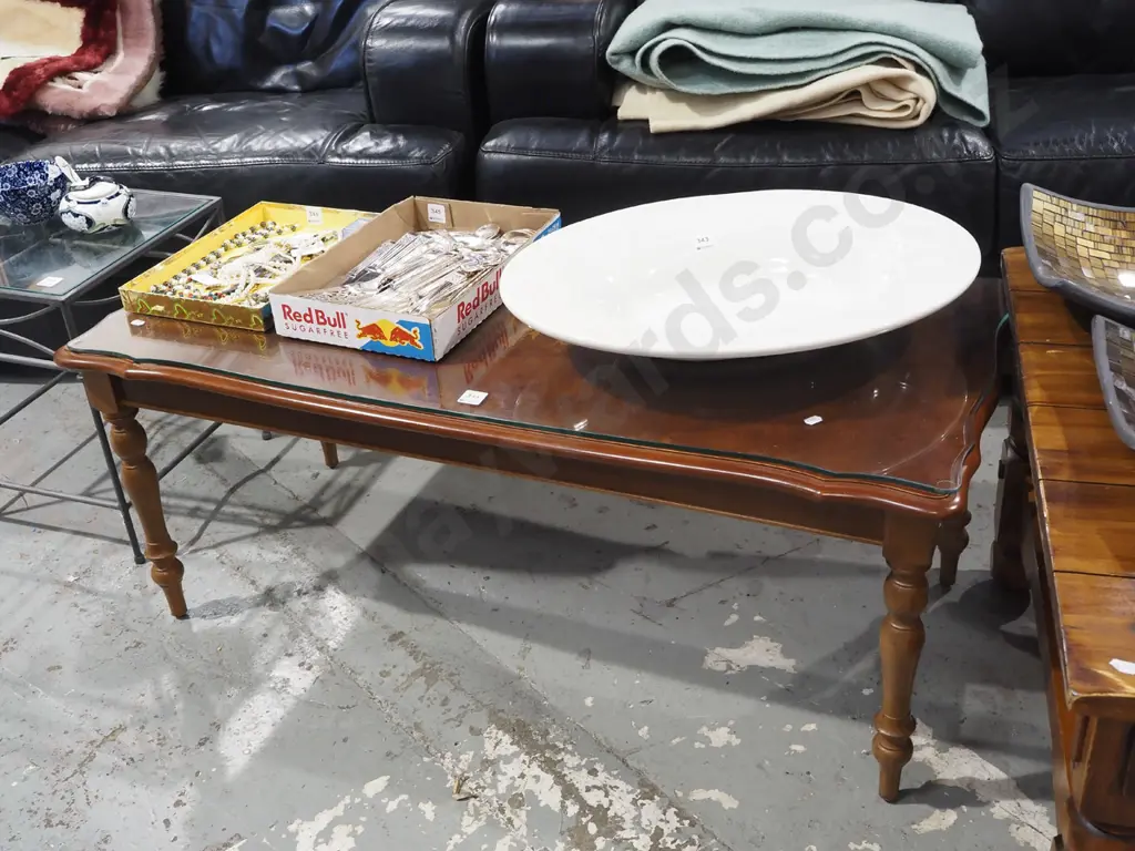 mahogany turned leg floral marquetry coffee table with glass top H450 W1050 D500 Image 1++