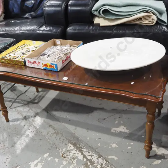 mahogany turned leg floral marquetry coffee table with glass top H450 W1050 D500
