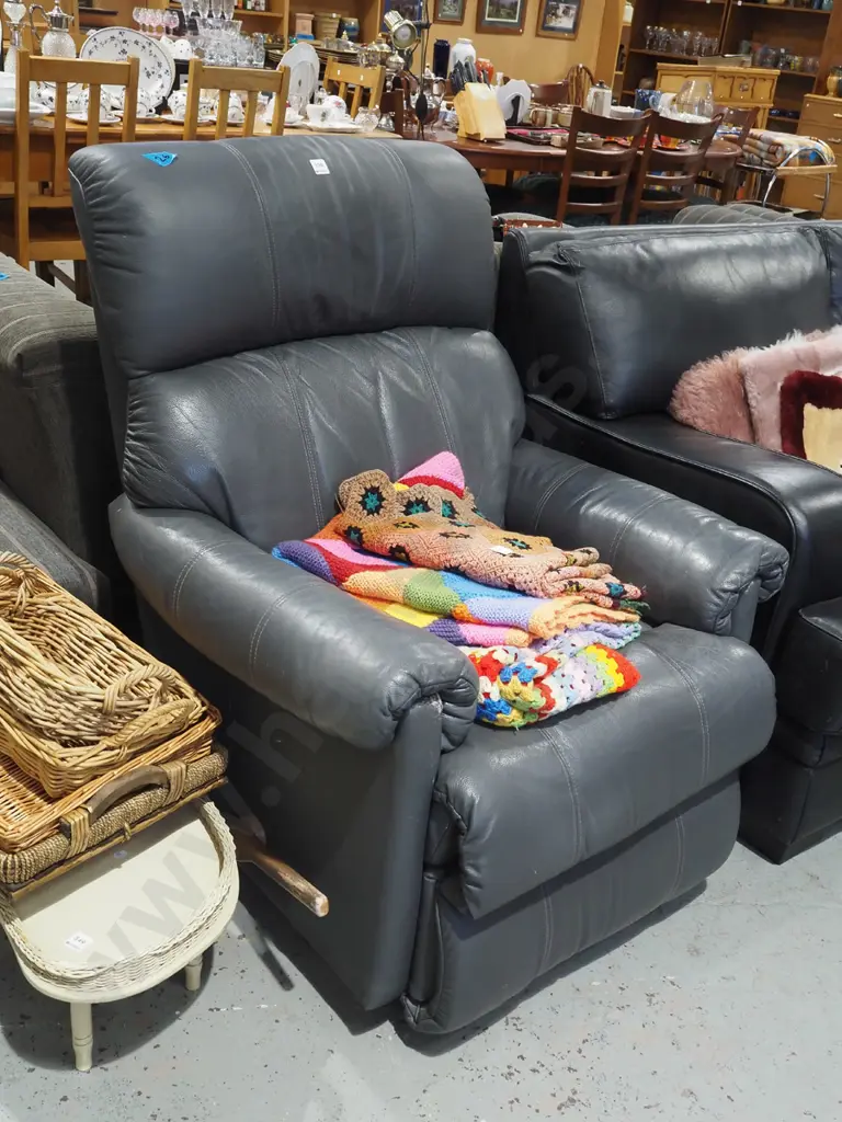 grey upholstered leather La Z Boy rocker recliner - some wear to hande and leather Image 1++