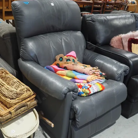 grey upholstered leather La Z Boy rocker recliner - some wear to hande and leather
