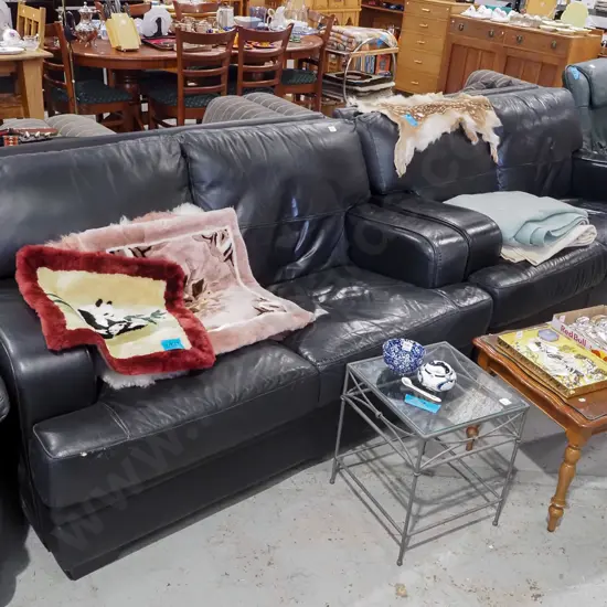 black leather 2 piece lounge suite - with 2x 2 seater settees - some damage to leather