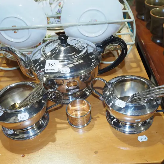 plated teapot, creamer, sugar etc