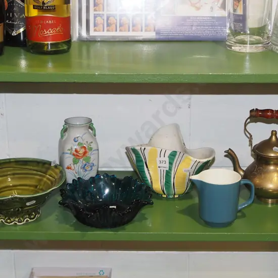 shelf; bowl, copper teapot, jug etc