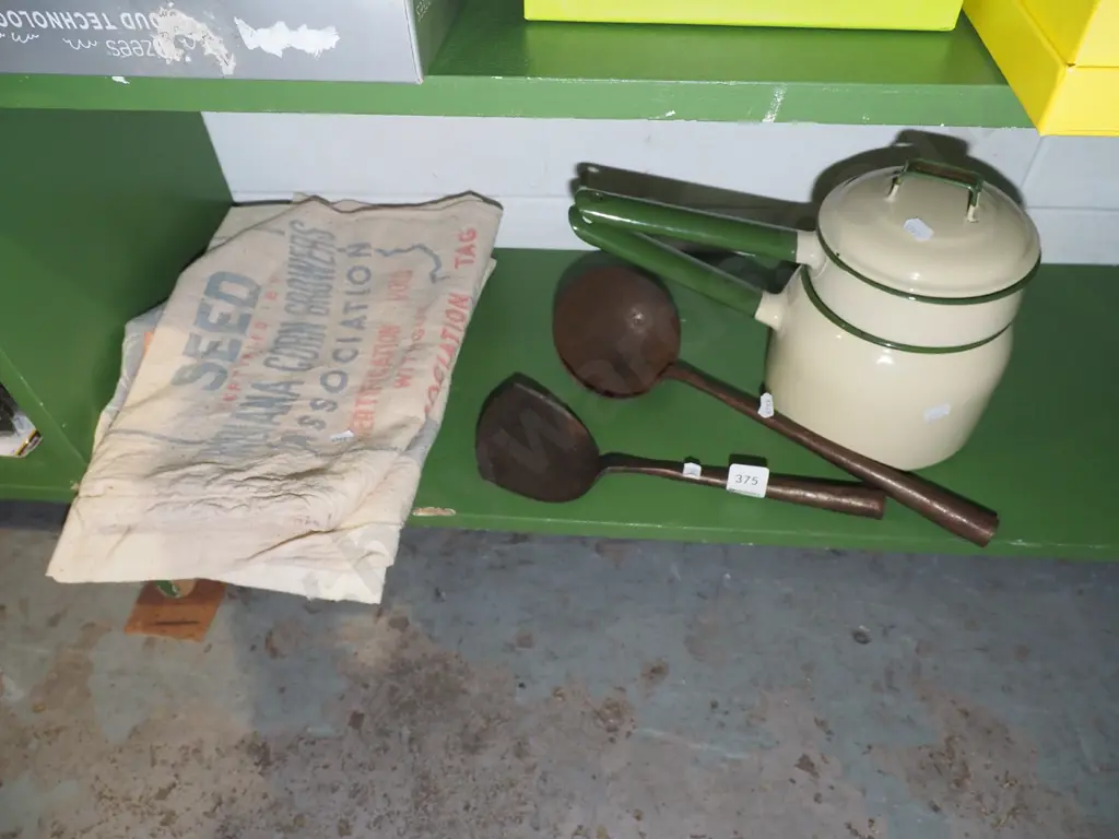 Judgeware enamel double boiler, metal ladles, old seed bags Image 1++
