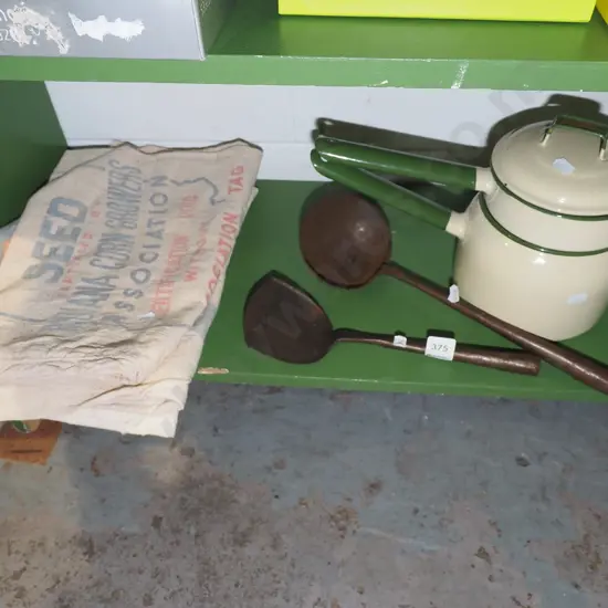 Judgeware enamel double boiler, metal ladles, old seed bags