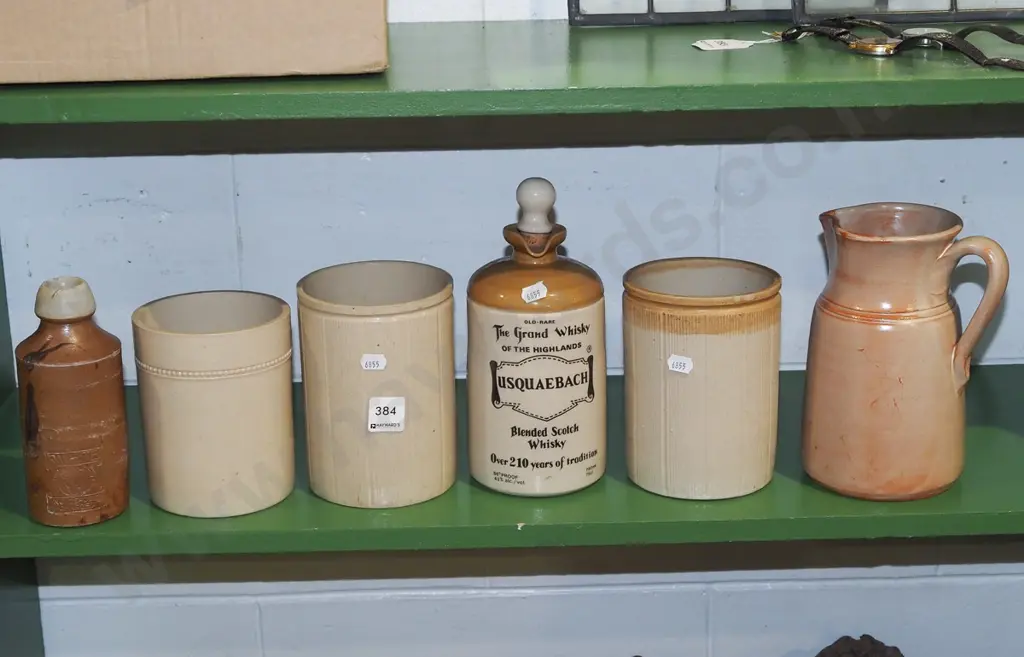 shelf; ceramic jugs, stoneware whisky bottle, cheese crocks etc Image 1++