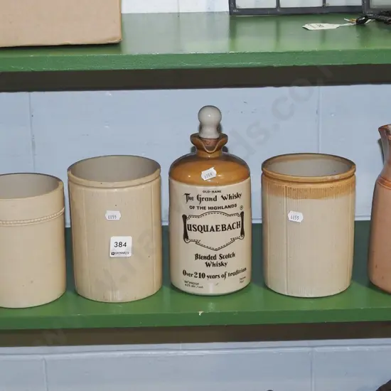 shelf; ceramic jugs, stoneware whisky bottle, cheese crocks etc