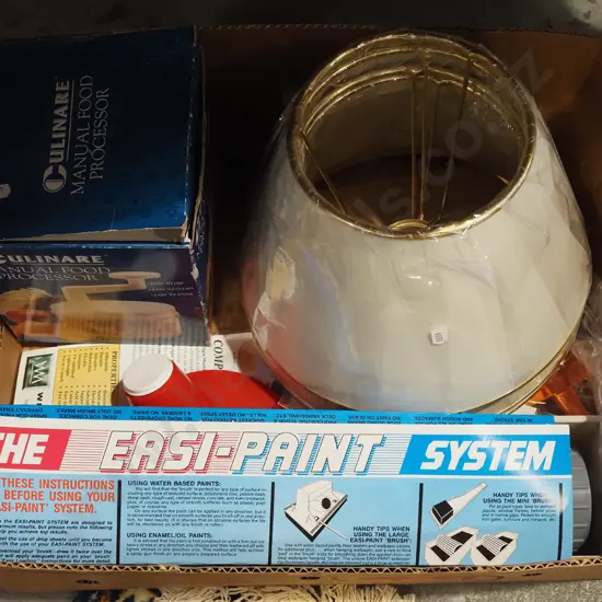 box; lamp shades, manual food processor, easy paint system 