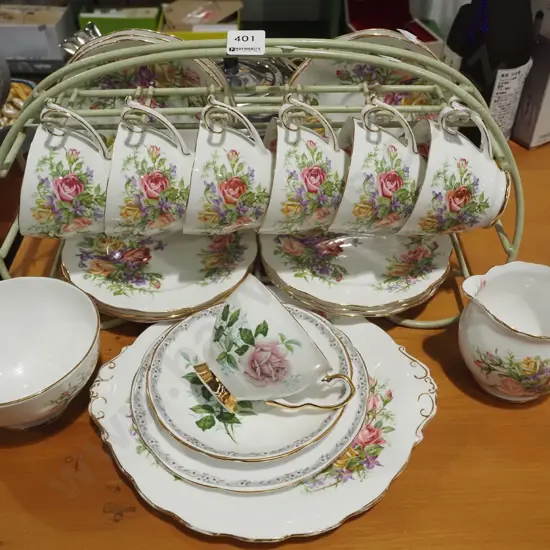 Roslyn royal rose tea set on stand with cake plate and roses-to-remember trio