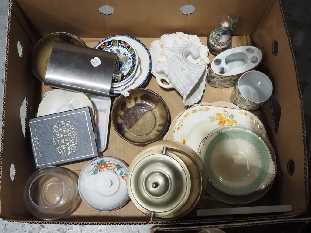 box; hip flask, biscuit barrel, plates etc Image 1++